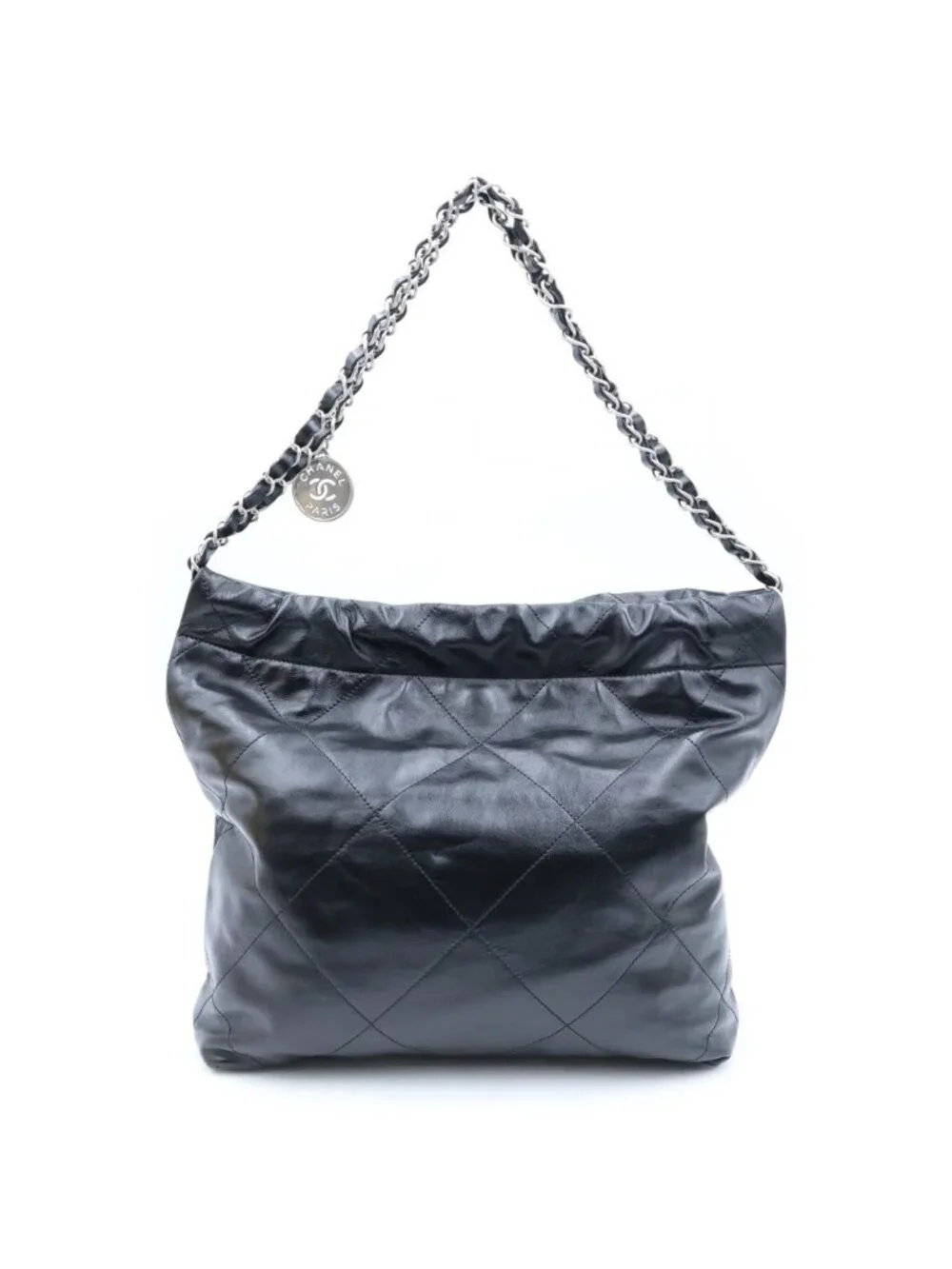 Chanel 22 Small Drawstring Chain Shoulder Bag Black Calfskin Silver